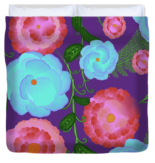 Pink and Blue Flowers On Purple - Duvet Cover