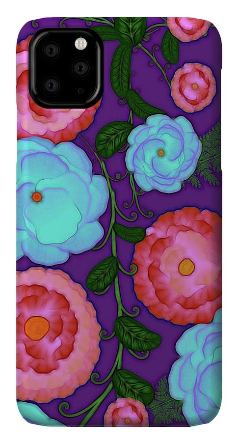 Pink and Blue Flowers On Purple - Phone Case