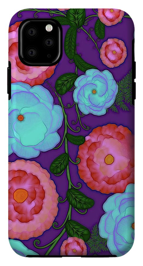 Pink and Blue Flowers On Purple - Phone Case