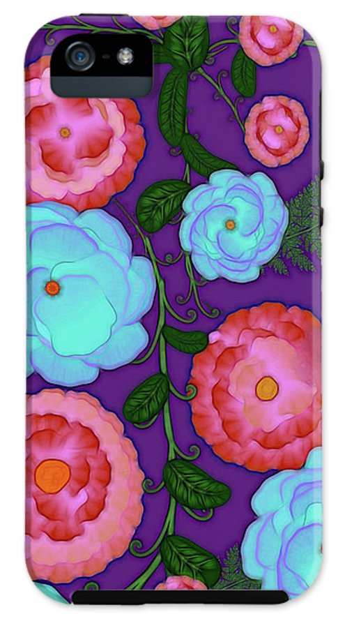 Pink and Blue Flowers On Purple - Phone Case