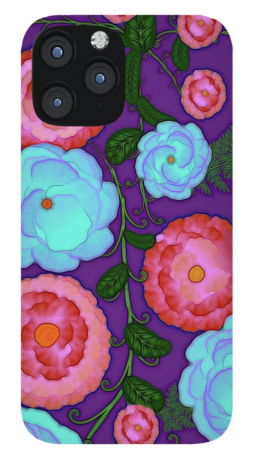 Pink and Blue Flowers On Purple - Phone Case