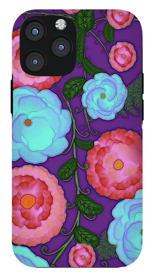 Pink and Blue Flowers On Purple - Phone Case
