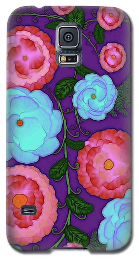 Pink and Blue Flowers On Purple - Phone Case
