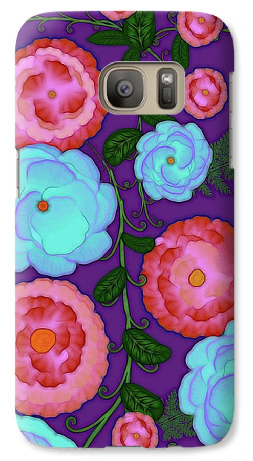 Pink and Blue Flowers On Purple - Phone Case