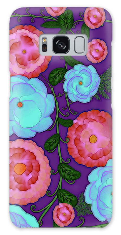 Pink and Blue Flowers On Purple - Phone Case