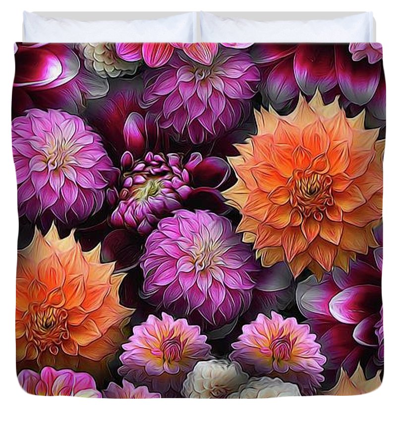 Pink and Orange Dahlias Collage - Duvet Cover