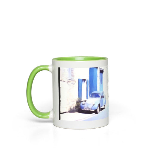 Vintage Travel Blue Car On The Street Accent Mugs