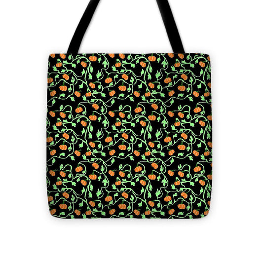 Pumpkins and Vines on Black - Tote Bag