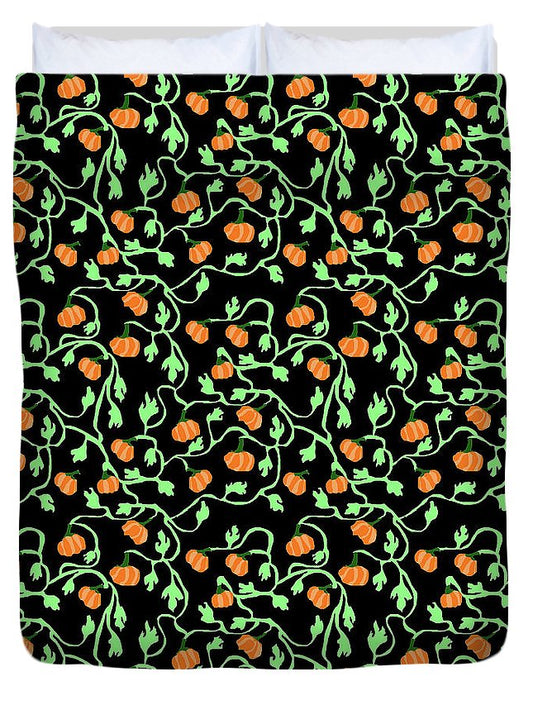 Pumpkins and Vines on Black - Duvet Cover