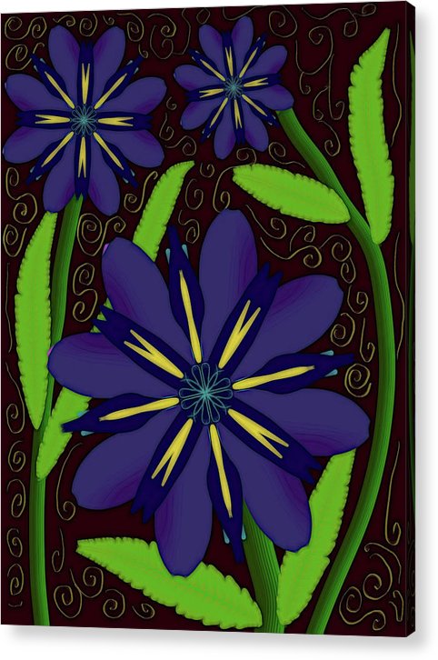Purple Flowers Yellow Swirls - Acrylic Print