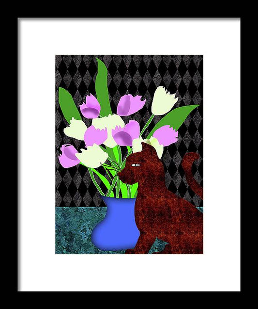 The Cat and The Tulips - Framed Print