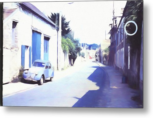 Vintage Travel Blue Car on The Street - Metal Print