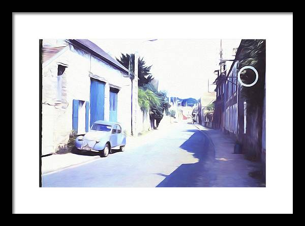 Vintage Travel Blue Car on The Street - Framed Print
