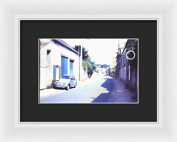 Vintage Travel Blue Car on The Street - Framed Print