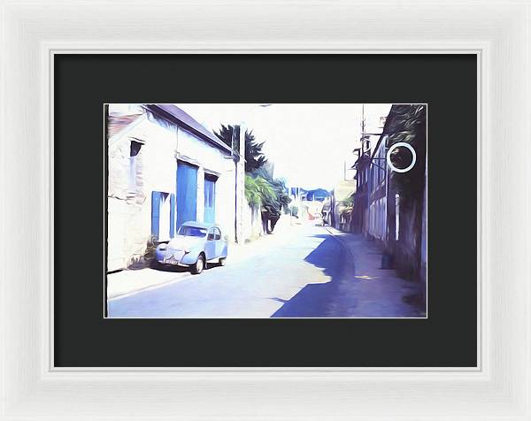 Vintage Travel Blue Car on The Street - Framed Print