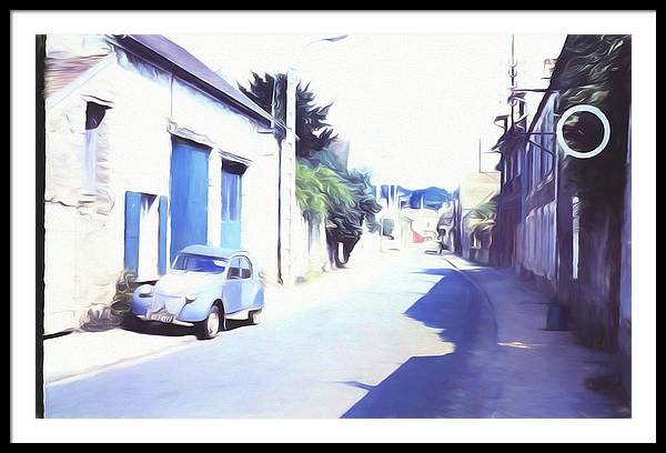 Vintage Travel Blue Car on The Street - Framed Print