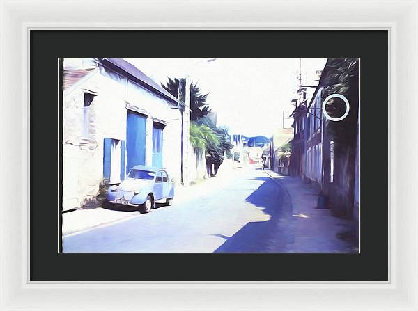 Vintage Travel Blue Car on The Street - Framed Print