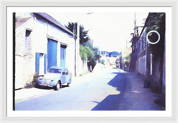 Vintage Travel Blue Car on The Street - Framed Print