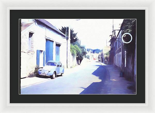 Vintage Travel Blue Car on The Street - Framed Print