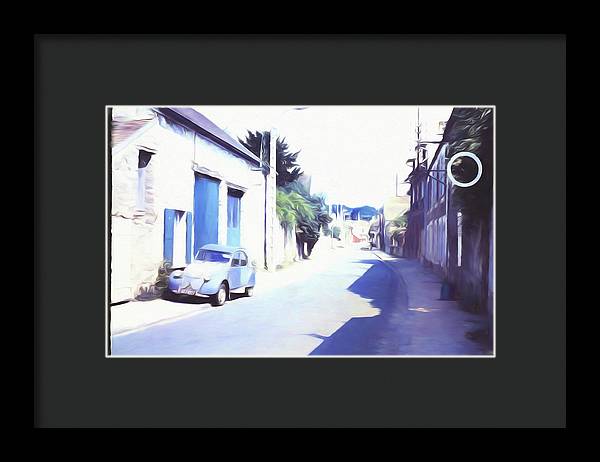 Vintage Travel Blue Car on The Street - Framed Print