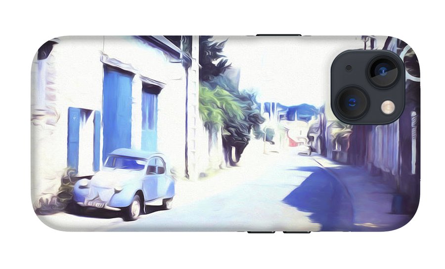 Vintage Travel Blue Car on The Street - Phone Case