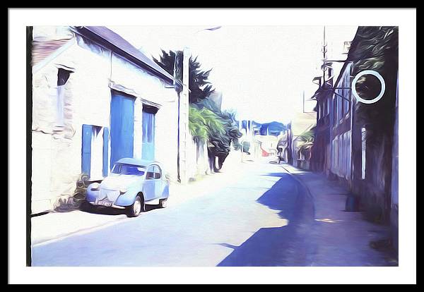Vintage Travel Blue Car on The Street - Framed Print