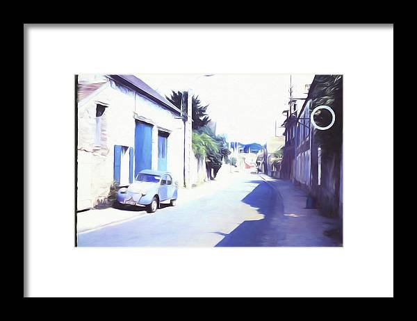Vintage Travel Blue Car on The Street - Framed Print