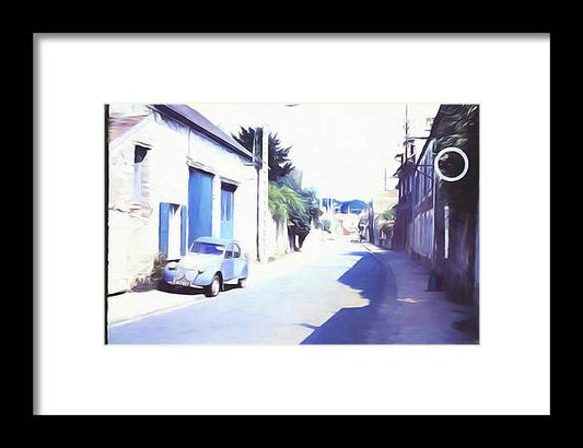 Vintage Travel Blue Car on The Street - Framed Print