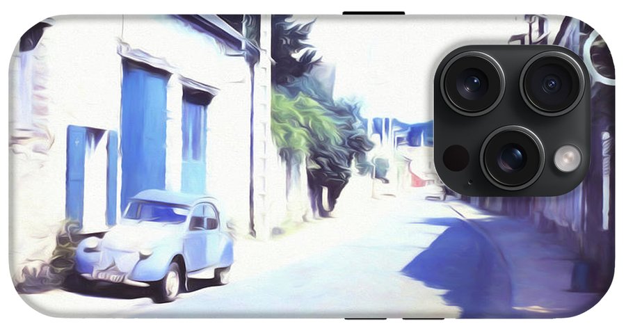 Vintage Travel Blue Car on The Street - Phone Case