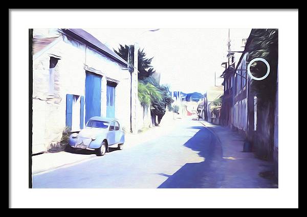 Vintage Travel Blue Car on The Street - Framed Print