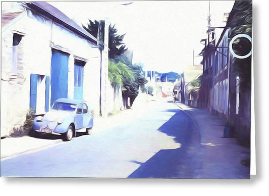 Vintage Travel Blue Car on The Street - Greeting Card
