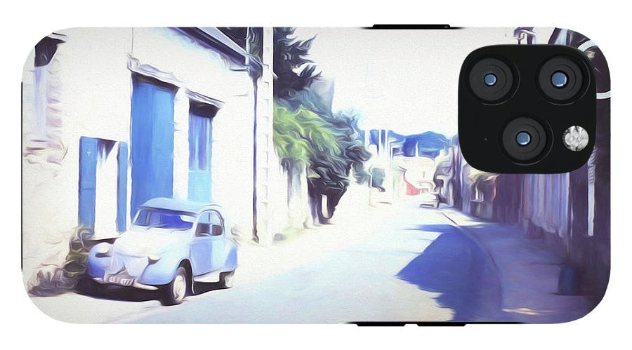 Vintage Travel Blue Car on The Street - Phone Case