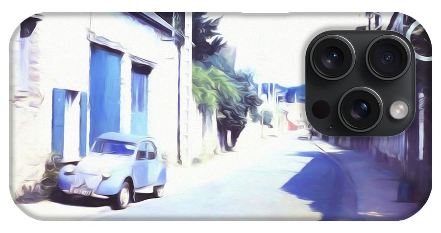 Vintage Travel Blue Car on The Street - Phone Case