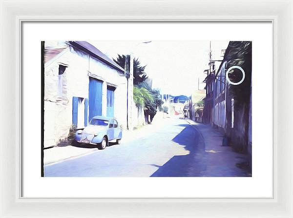 Vintage Travel Blue Car on The Street - Framed Print