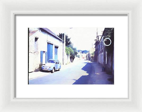Vintage Travel Blue Car on The Street - Framed Print