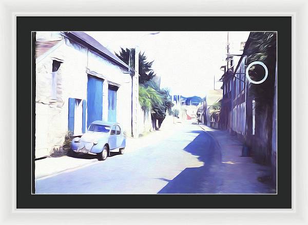 Vintage Travel Blue Car on The Street - Framed Print
