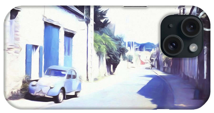 Vintage Travel Blue Car on The Street - Phone Case