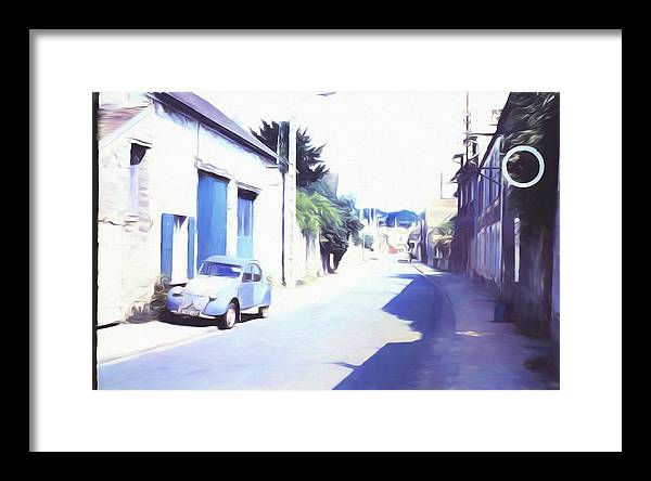 Vintage Travel Blue Car on The Street - Framed Print