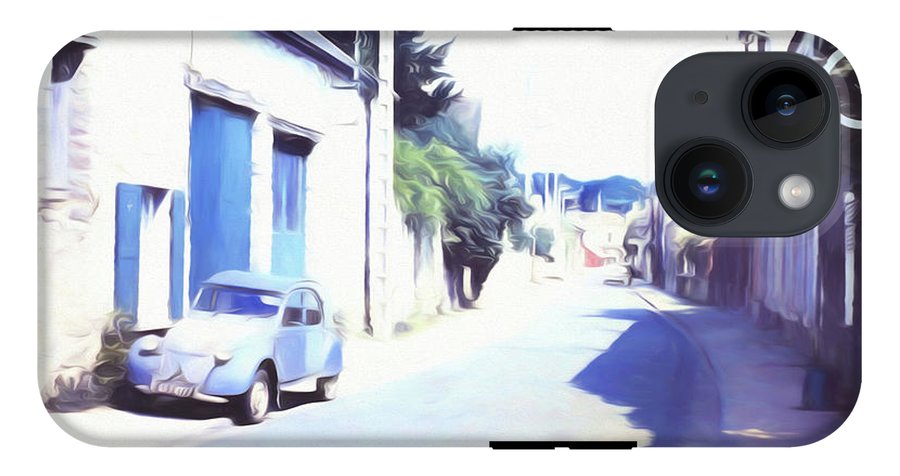 Vintage Travel Blue Car on The Street - Phone Case