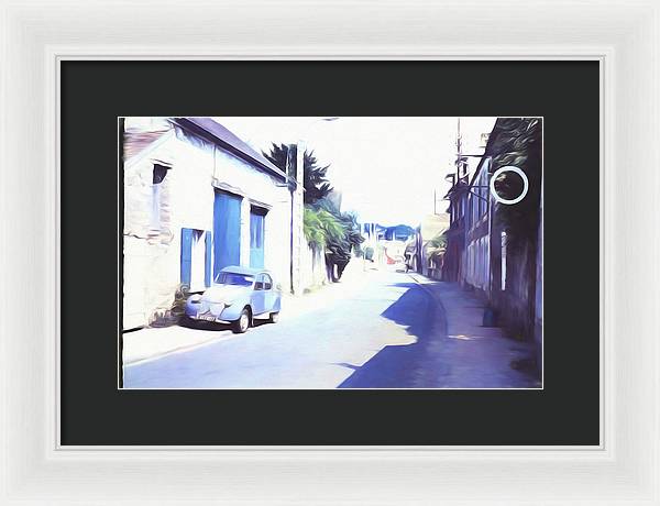 Vintage Travel Blue Car on The Street - Framed Print