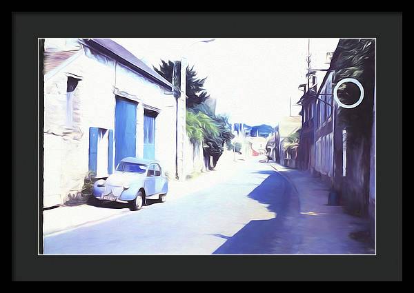 Vintage Travel Blue Car on The Street - Framed Print
