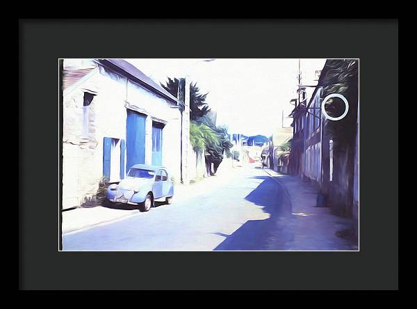 Vintage Travel Blue Car on The Street - Framed Print