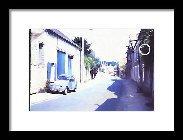 Vintage Travel Blue Car on The Street - Framed Print