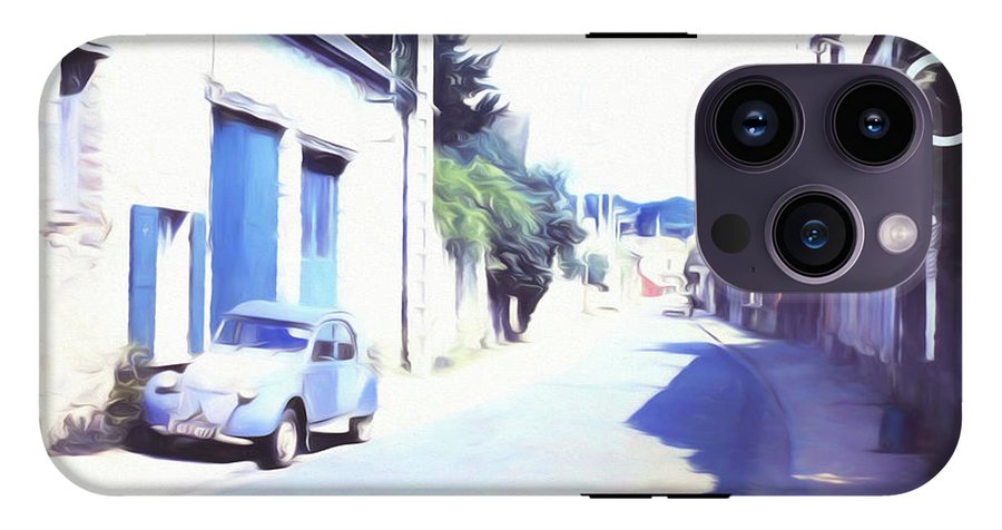 Vintage Travel Blue Car on The Street - Phone Case