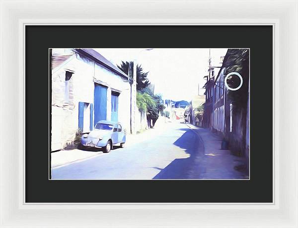 Vintage Travel Blue Car on The Street - Framed Print