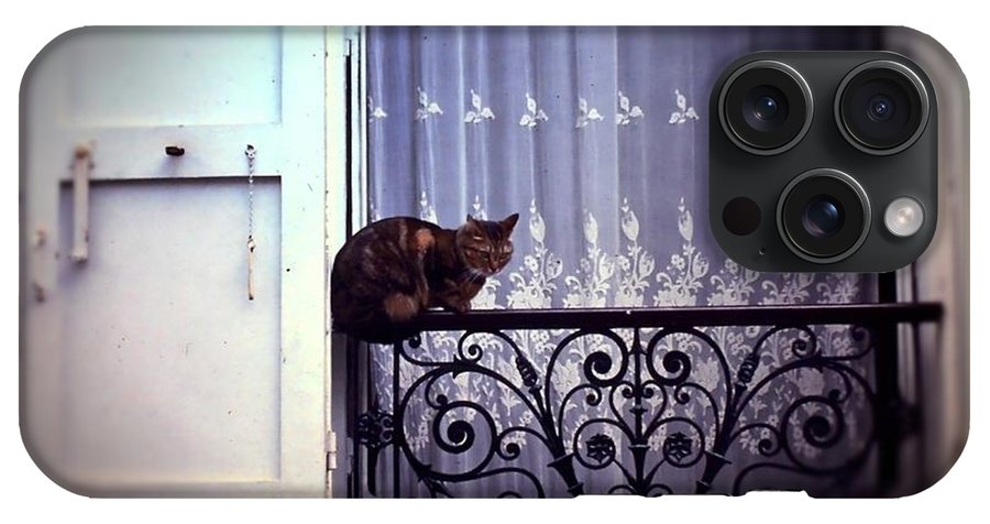 Vintage Travel Cat on a French Balcony 1967 - Phone Case