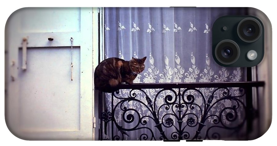 Vintage Travel Cat on a French Balcony 1967 - Phone Case
