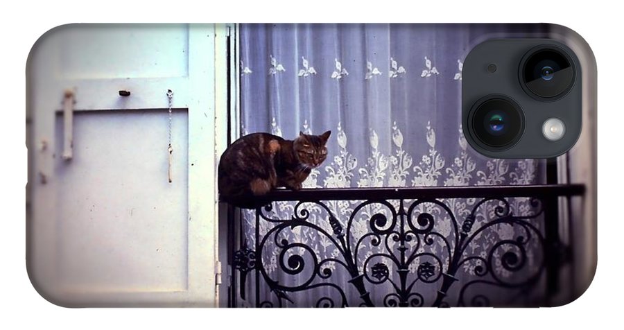 Vintage Travel Cat on a French Balcony 1967 - Phone Case