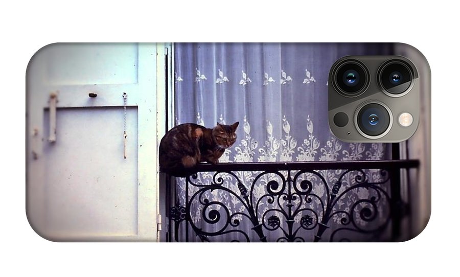 Vintage Travel Cat on a French Balcony 1967 - Phone Case