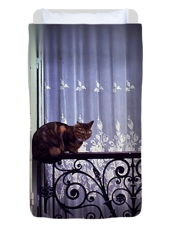 Vintage Travel Cat on a French Balcony 1967 - Duvet Cover